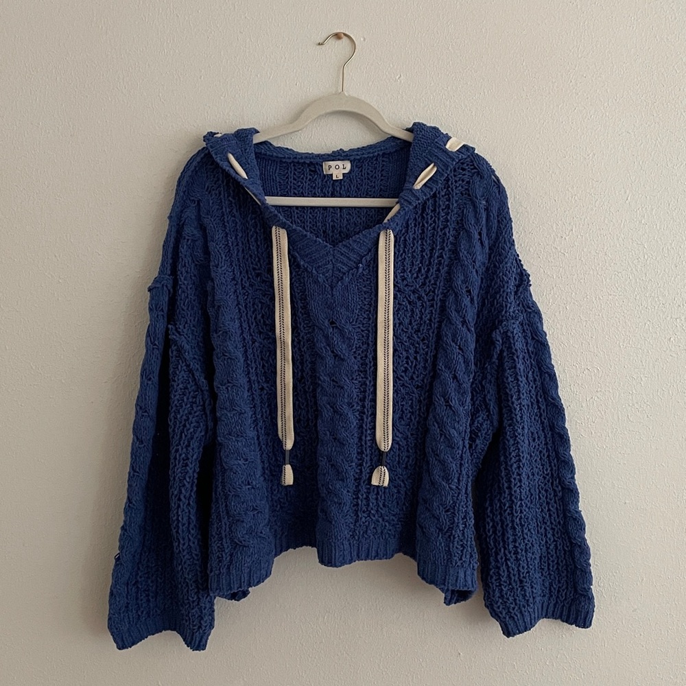 POL Vneck Sweater Oversize Hooded Cable Knit Chenille Coastal Chunky Pullover